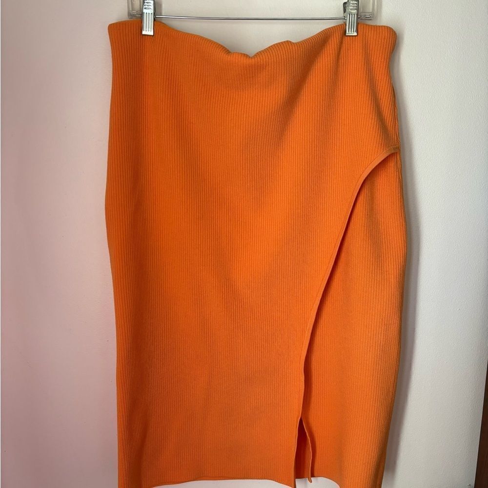 Express Body Contour Ribbed Midi Skirt Orange Side Slit XL
